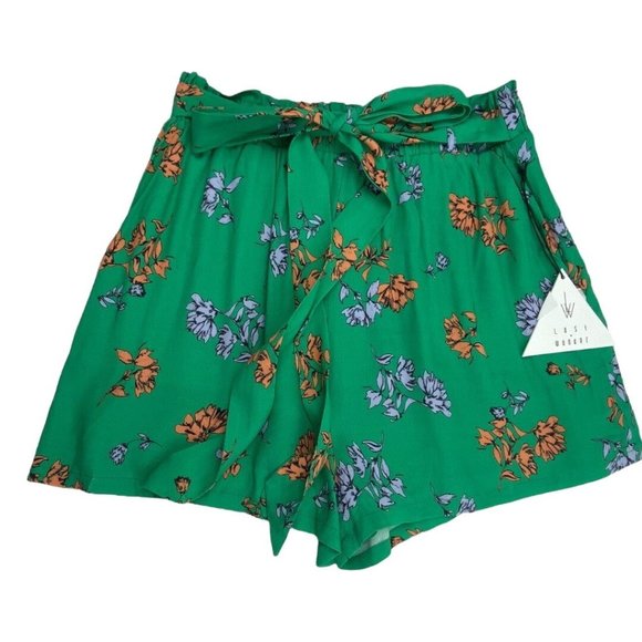 NWT Green with Orange Flowers Floral Paperbag Flowy Shorts size Small - Picture 1 of 8
